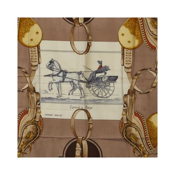 Pre Loved Hermes Silk Carre Scarf in Brown with Pompe Design by - Picture 2 of 4